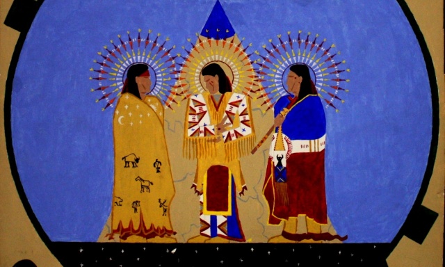 A closer view yet of the icon. Imaginea pune în evidenta cele trei persoane ale Sfintei Treimi. 